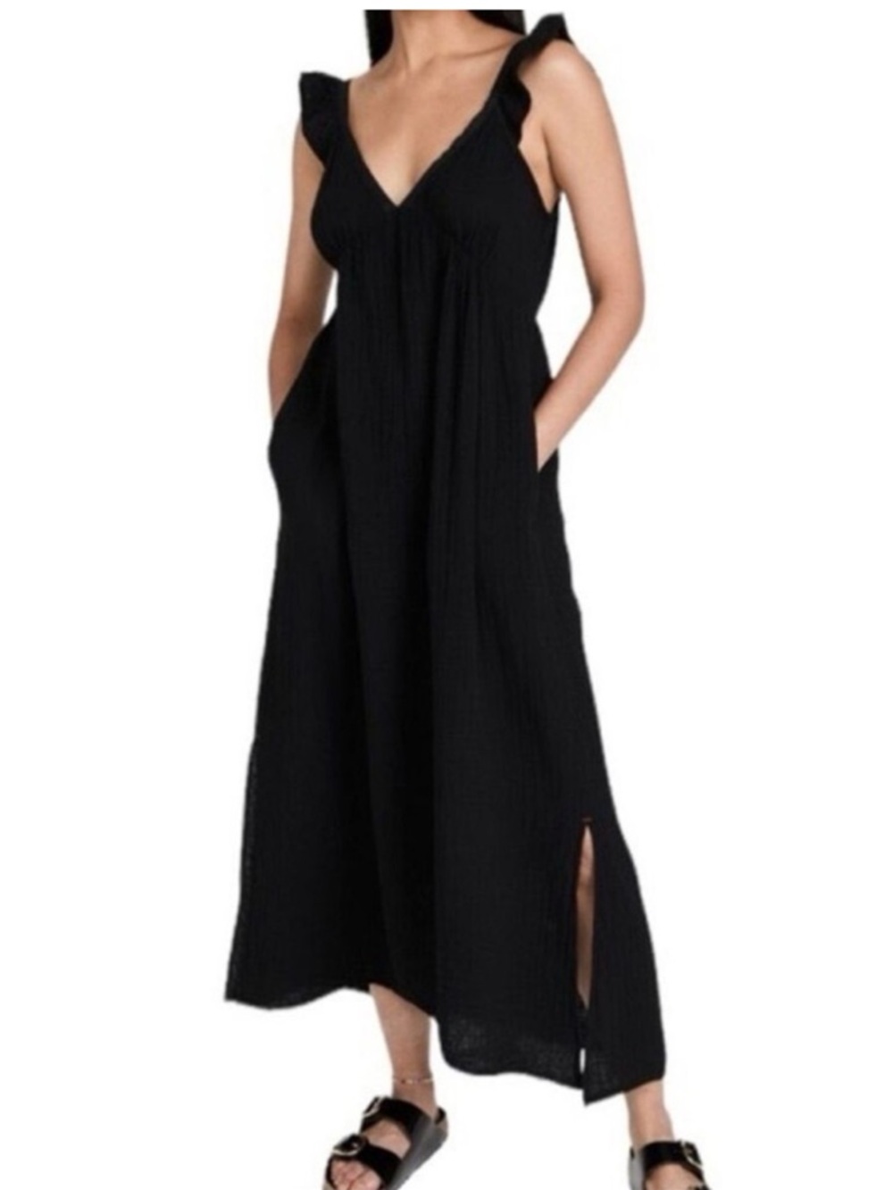 Pristine Magaschoni Black Gauzy Cotton Flutter Maxi Dress Size: Small